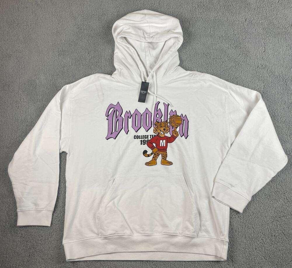boohooMan Men's Large White Oversized Graphic Varsity Mascot Hooded Sweatshirt